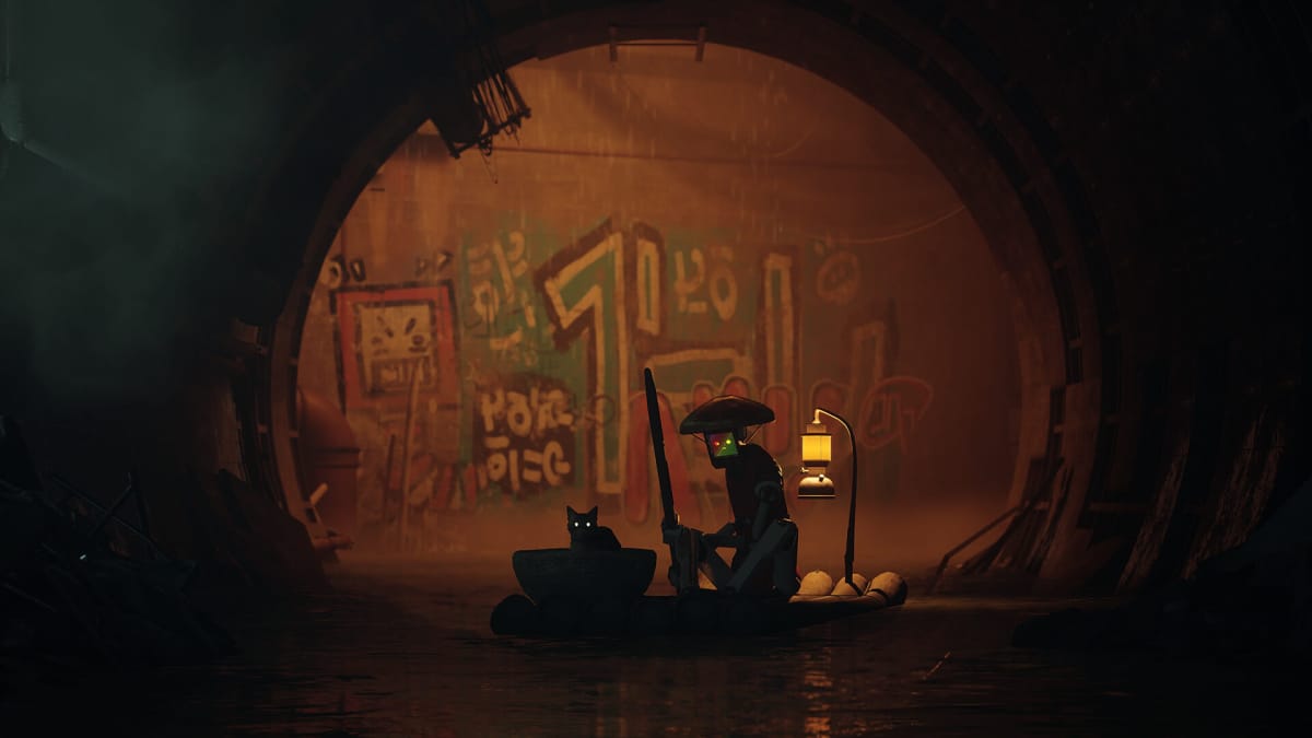 The cat from Stray sitting in a boat with one of the game's robotic citizens