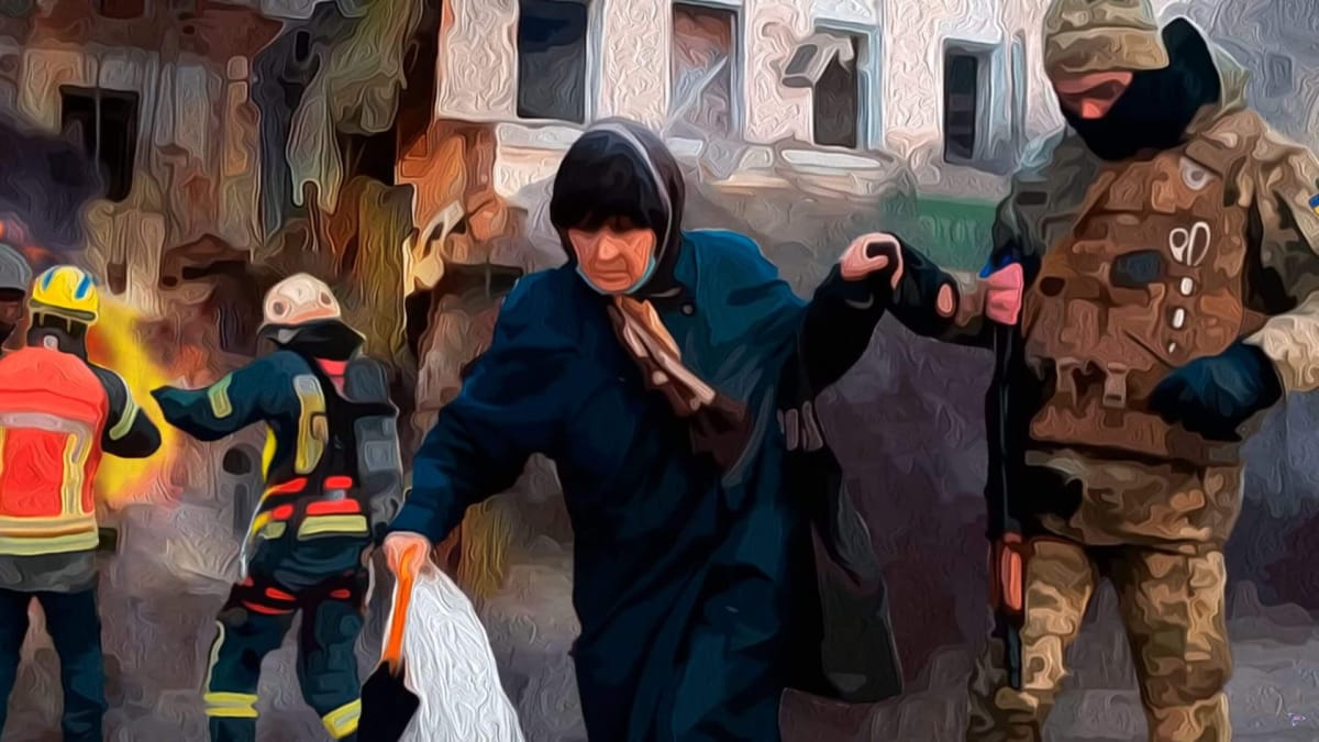A stylised scene of aid workers helping Ukrainian citizens in Ukraine War Stories