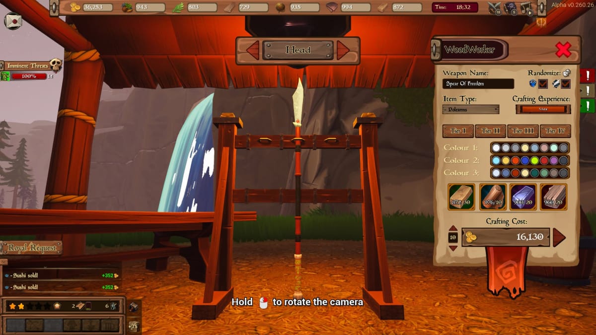 Screenshot from A Hero's Rest, where we see a magnificent weapon displayed within one of the shops, and showing off its different attributes in a menu on the right hand side. 
