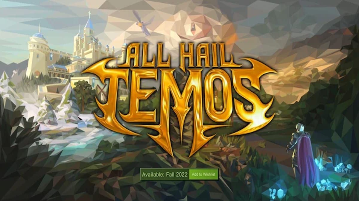 All Hail Temos Header image that shows the title of the game in bright golden letters across the center of the screen, with a character of the game standing off to the right hand side looking off into the fantasy world that is the game. 