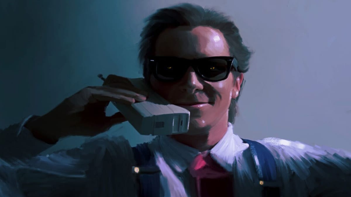 Patrick Bateman from American Psycho sitting in a chair, smiling with sunglasses on