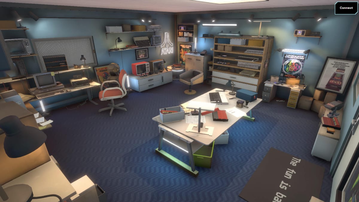 A metaverse replica of an Atari developers' room, complete with old-school PCs and computer hardware, in the new Atari 50th anniversary NFT collection metaverse game