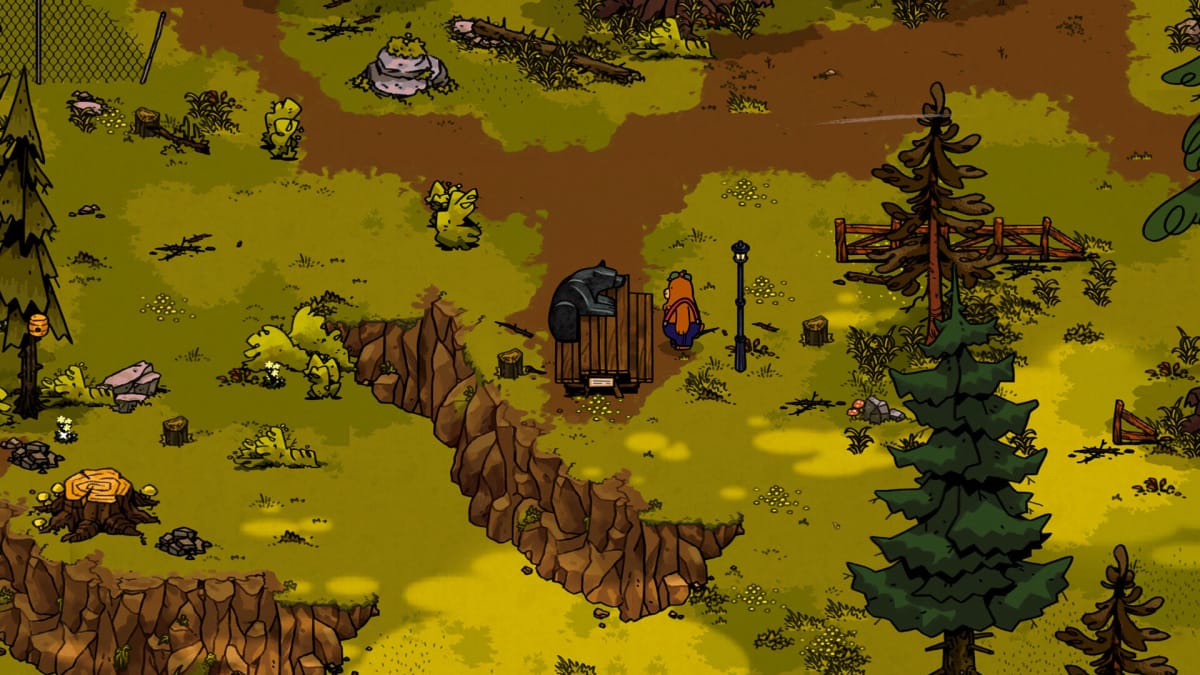 A bear stands looking at a statue which sits on a bench amongst a run-down forest area, and he's probably contemplating the Bear and Breakfast Switch release date