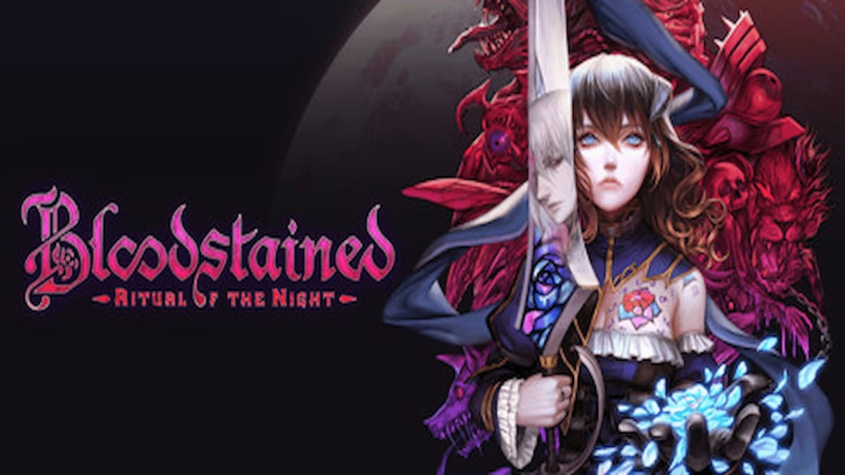 Bloodstained Ritual of the Night Journey Header screenshot of female character holding a large word that has a reflection of a face in it, while a demon like wolf looking creature snarls behind her 