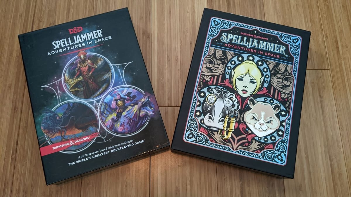 Copies of the regular and alt art slipcase for Spelljammer: Adventures in Space