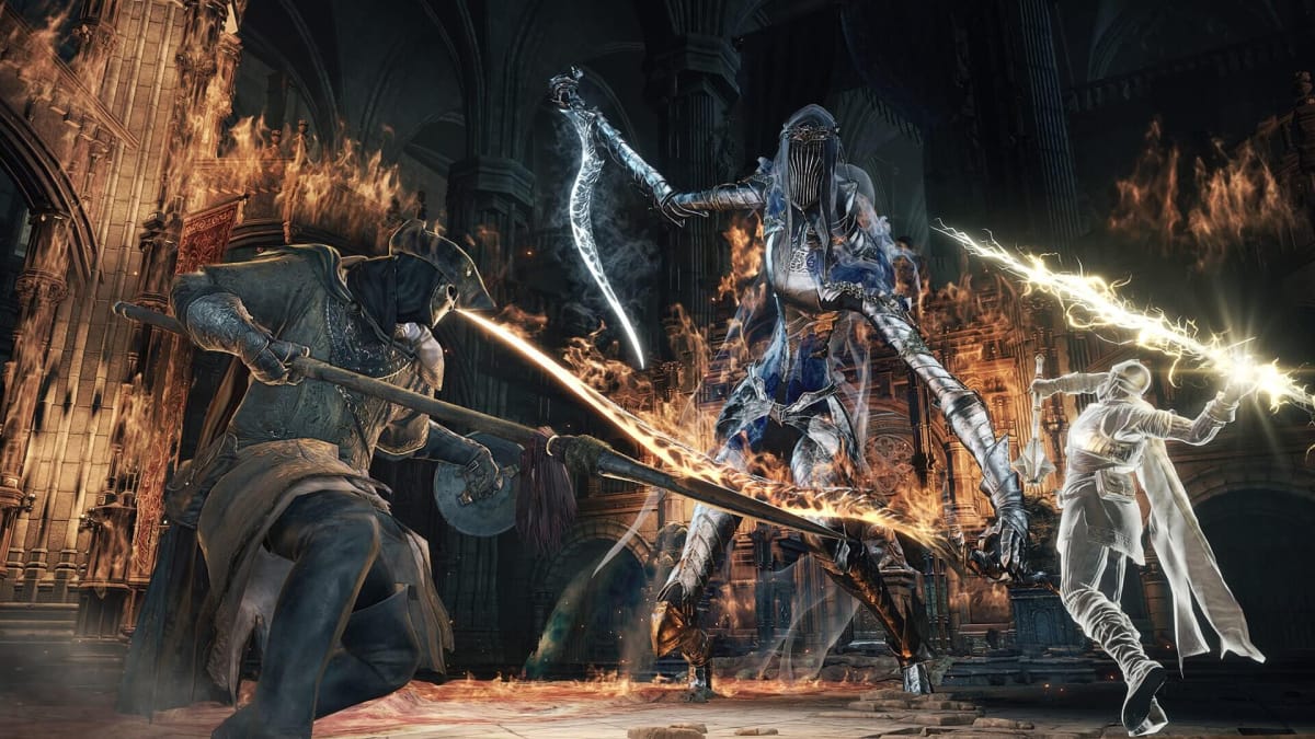 The player and a summoned spirit battling the Dancer of the Boreal Valley boss, maybe even on the Dark Souls 3 PC servers