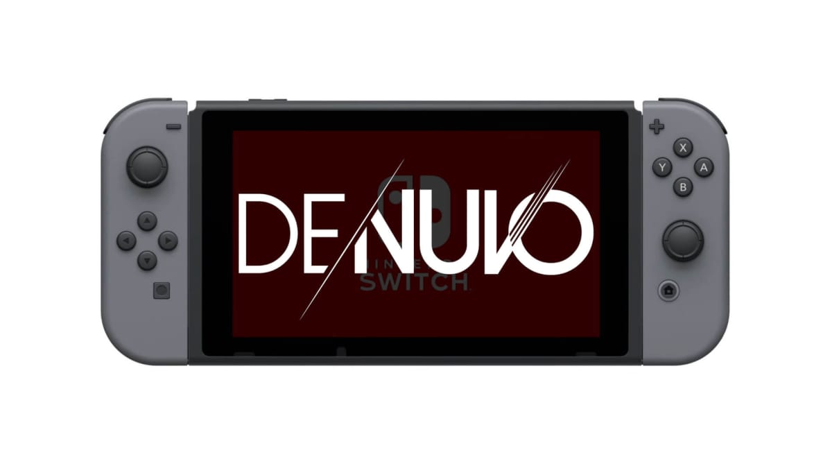 A Nintendo Switch with the screen dimmed and the Denuvo logo over the top, meant to represent the new Denuvo Switch DRM