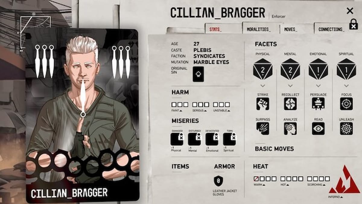 Dimday Red gameplay image showing main character Cillian's stats page, which shows his age, original sin, miseries and facets. 