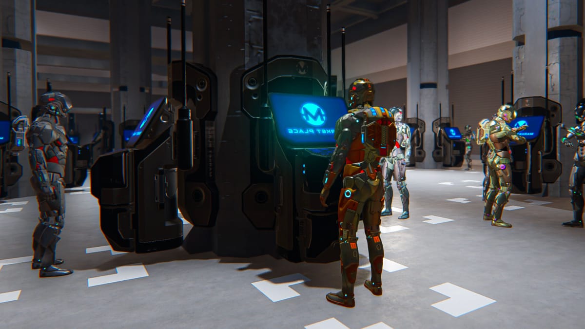 Players using sci-fi terminals in Dual Universe