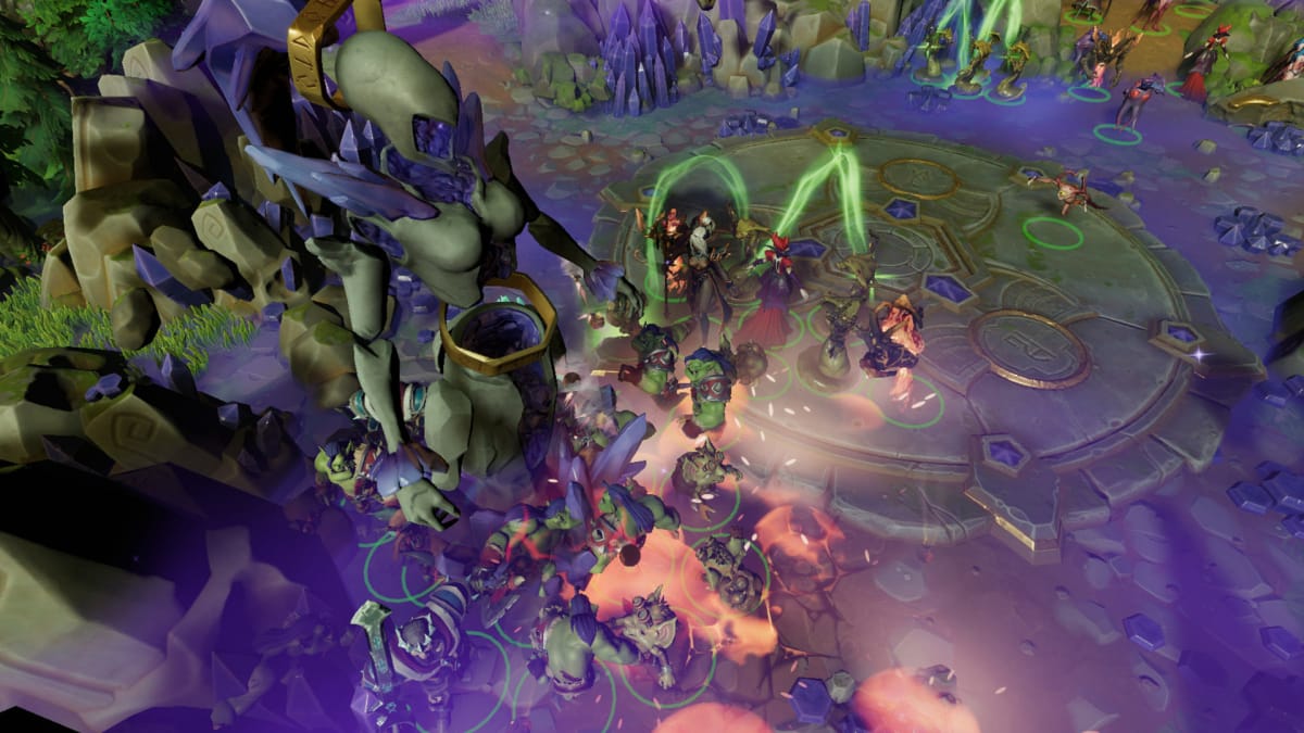 Minions flocking around a statue in Dungeons 4