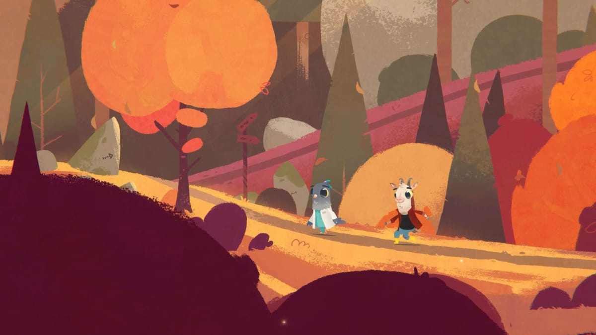 Bird protagonist Finley and his goat friend walking through an autumnal forest in Fall of Porcupine