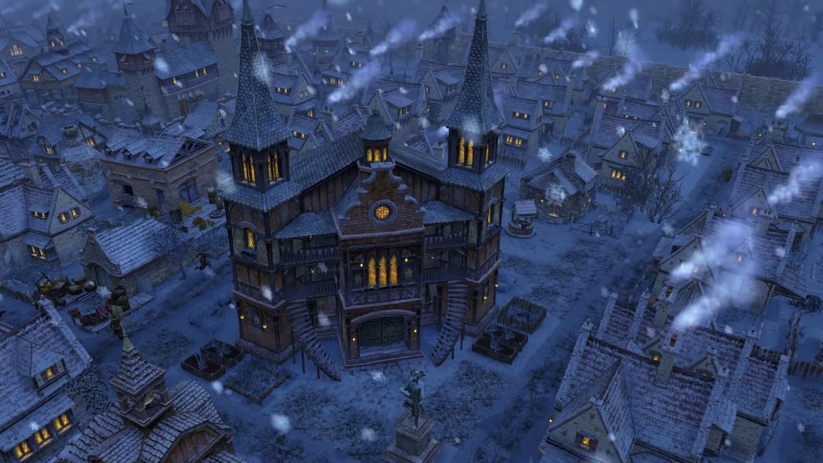 A wintry town square covered in snow in Farthest Frontier