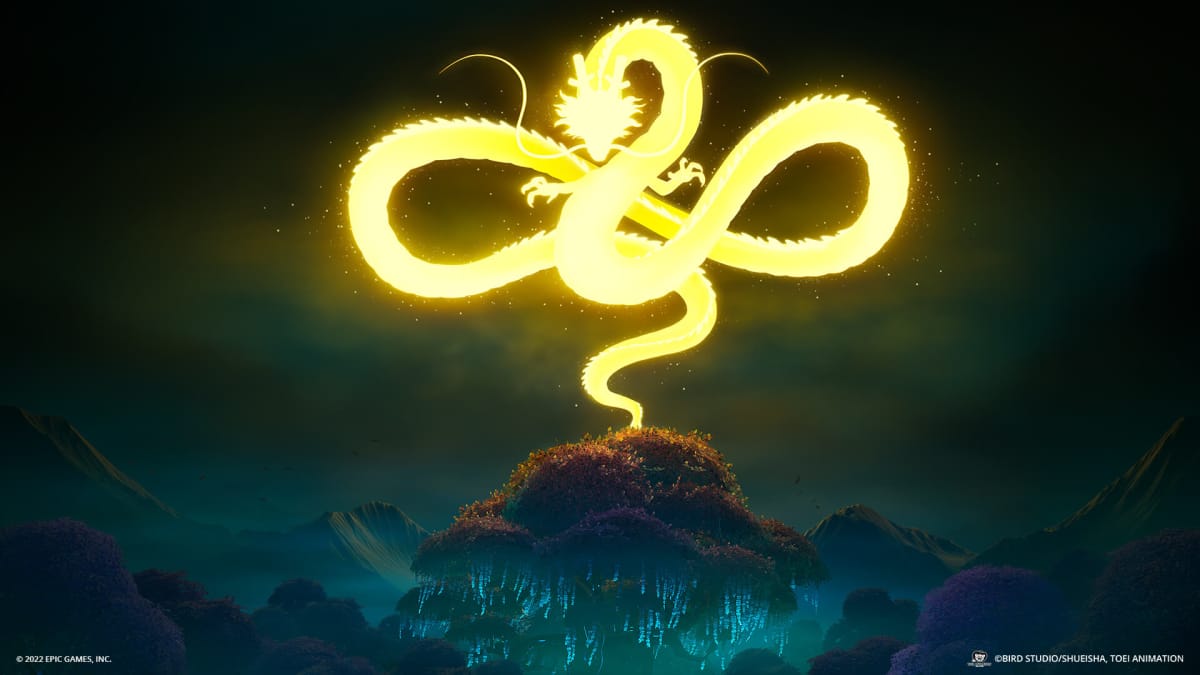 Shenron glowing and hovering over a tree in the Fortnite Dragon Ball crossover that was just announced
