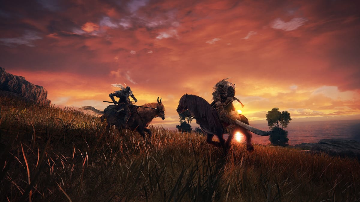 Two warriors on horseback in the Limgrave fields in From Software's Elden Ring