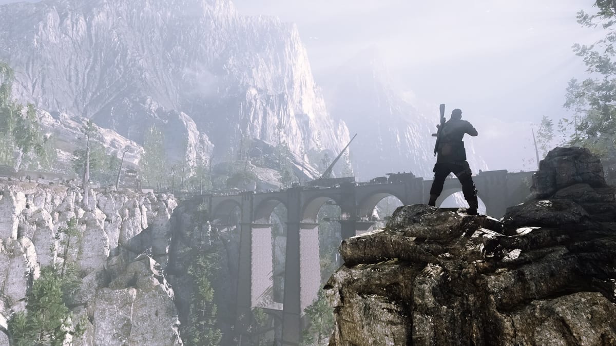 A sniper aiming at a bridge in the distance in Sniper Elite 4, which is one of the new Google Stadia demo trials linked to achievements