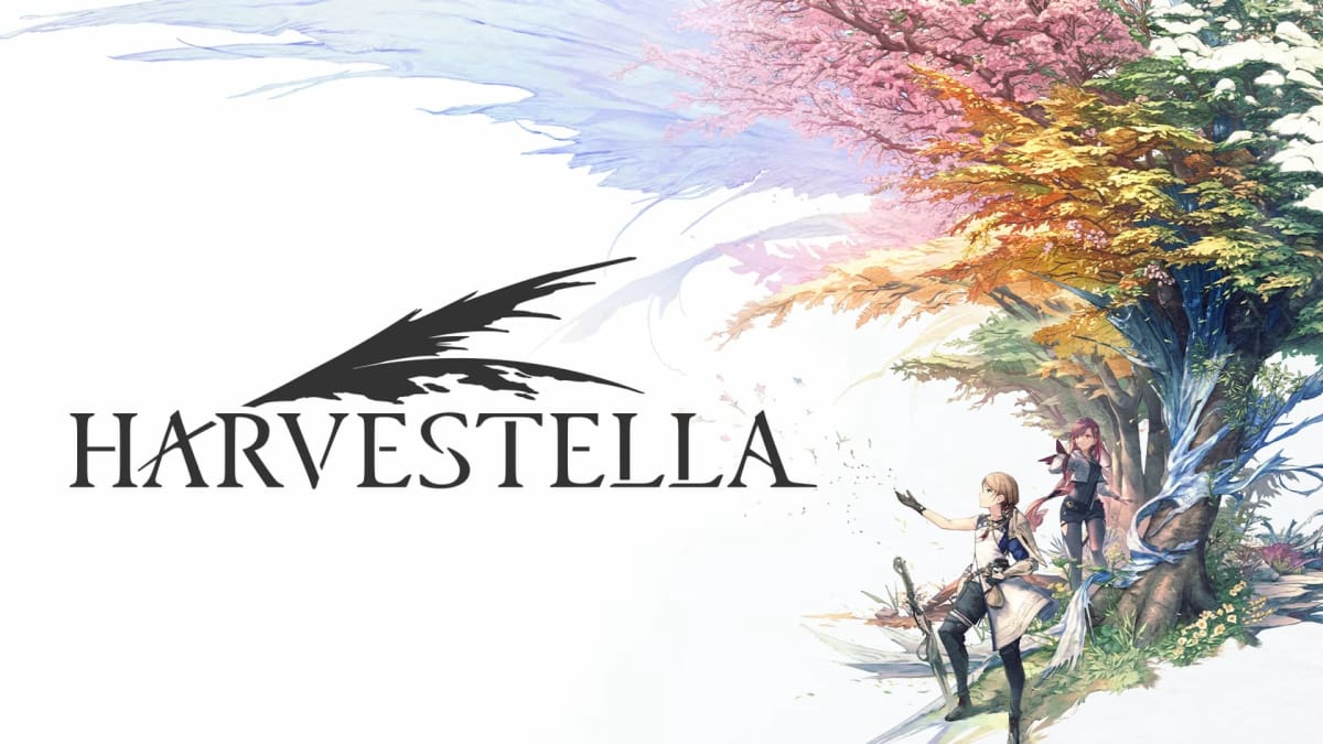 Harvestella Game Header where we see several colorful trees in the background, as well as the Harvestella logo in the center in black letters. 