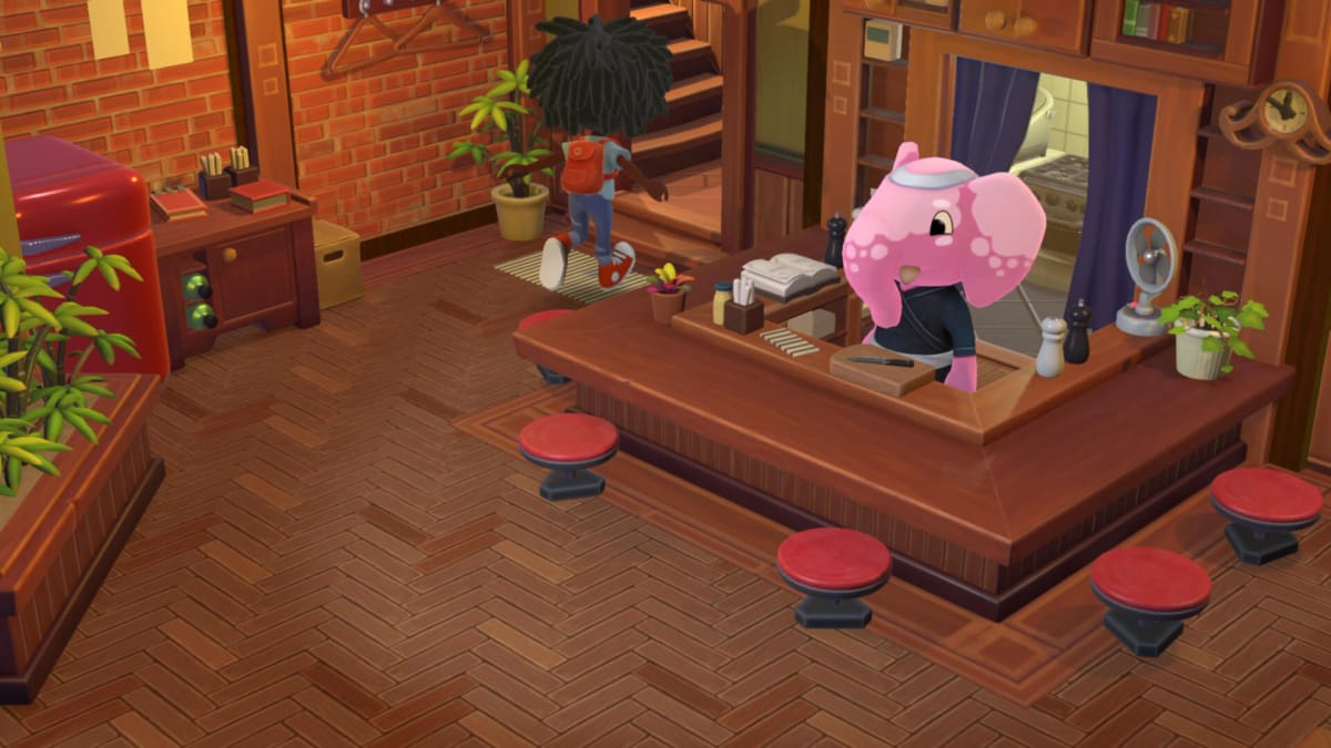 A cute pink elephant bartender in Hokko Life
