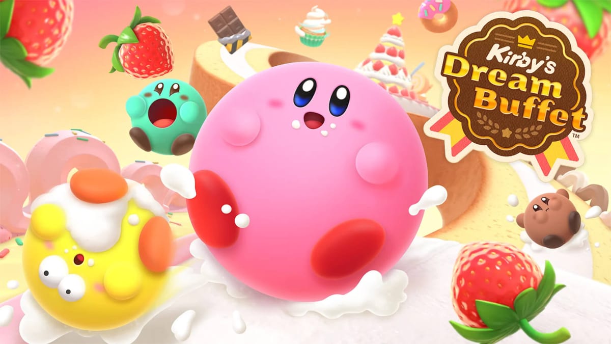 A banner showing Kirby and his colorful friends rolling down a food-themed course in Kirby's Dream Buffet