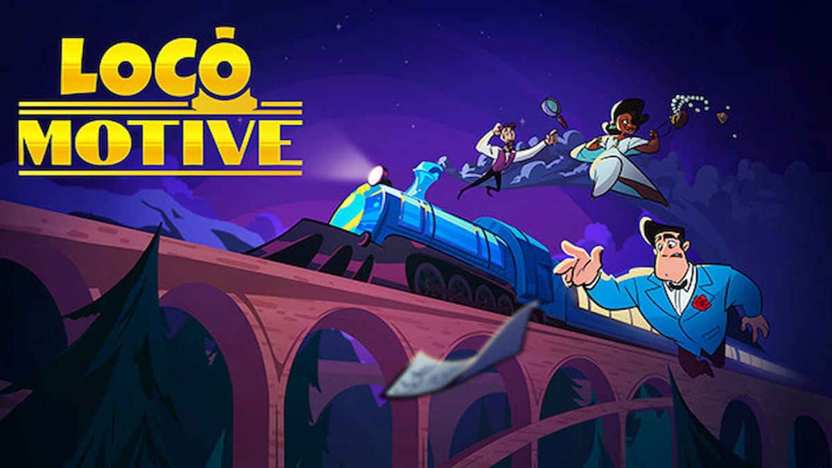 Loco Motive Header image, title of the game in yellow letters as it looks like three characters in game have thrown themselves from the train on the tracks 