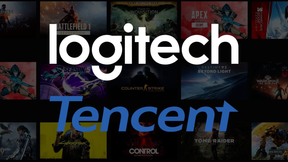 The Logitech and Tencent logos overlaid on a background of Nvidia Geforce Now games, which the Logitech Tencent cloud gaming handheld will support