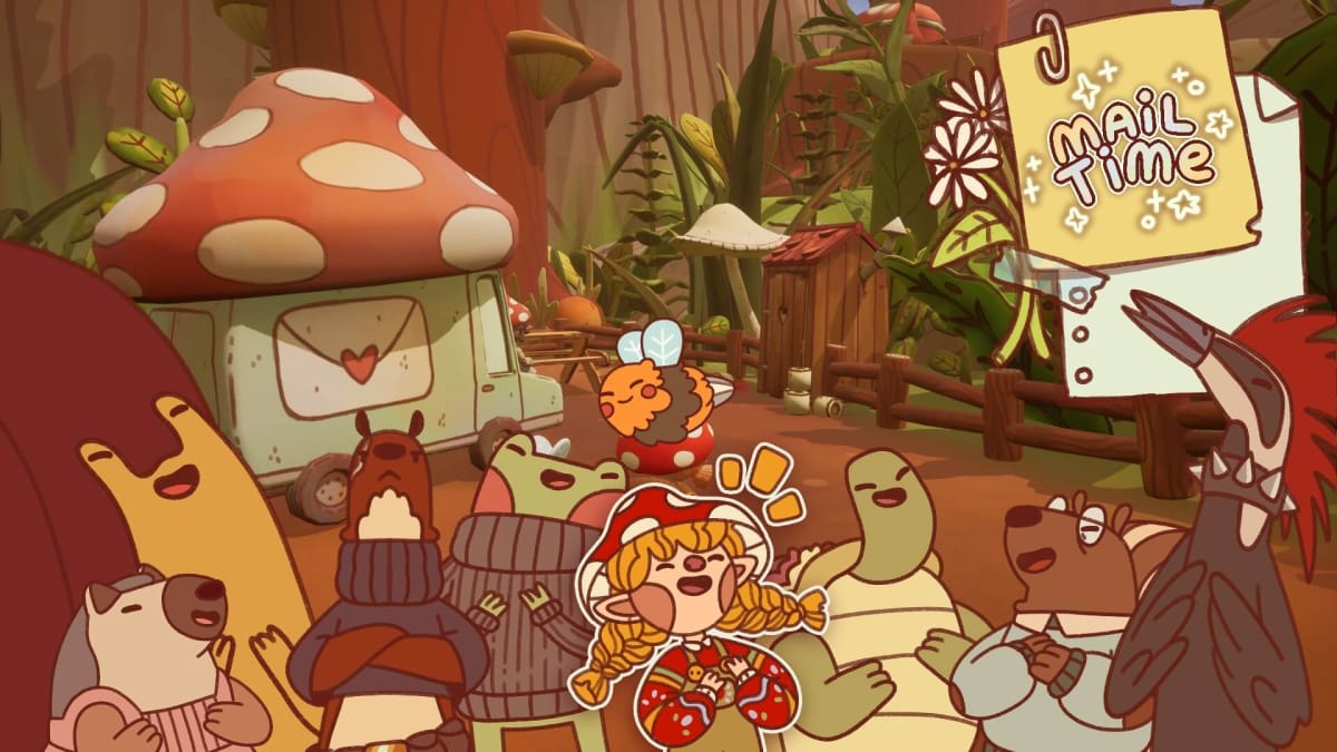 The main character of Mail Time and all the residents of Grumblewood Grove in front of a screenshot of the 3D platformer game. There is a note in the corner that says "Mail Time."