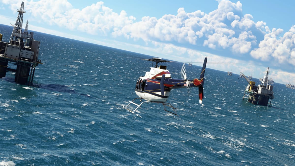 One of the new Microsoft Flight Simulator helicopters hovering over the water in the upcoming update