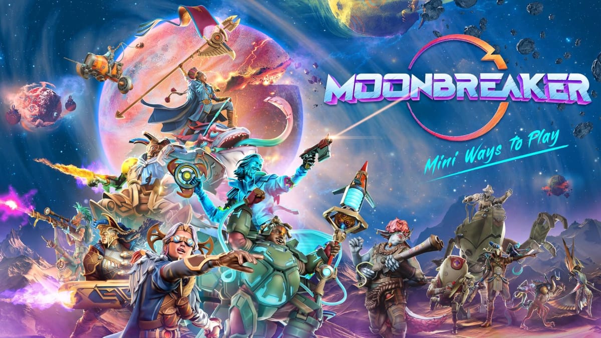 Moonbreaker reveal art features a variety of characters from the game in a line of battle prepared for combat going up into space 