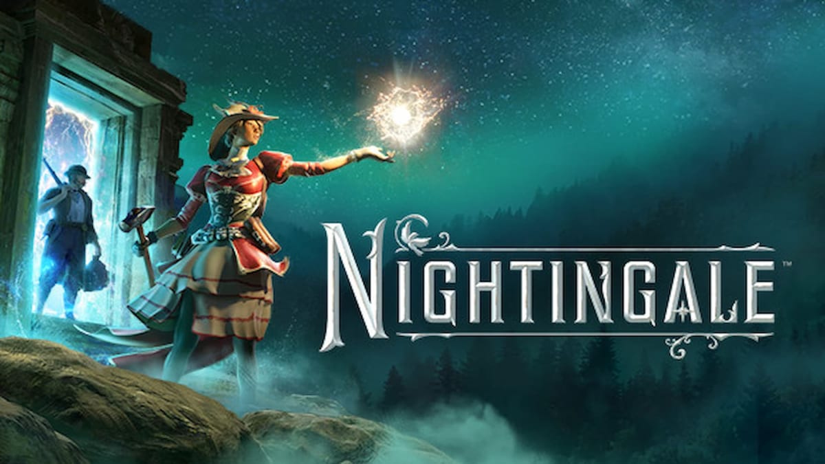 Nightingale Header via steam of a character casting a golden spell in front of a purple portal within the woods