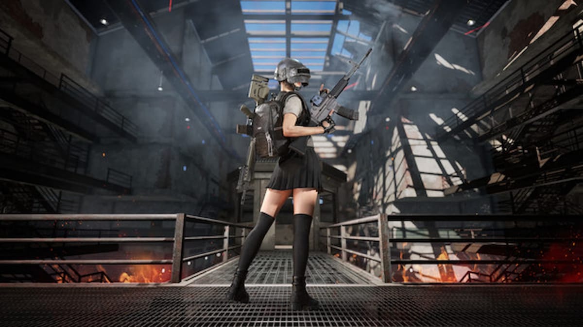 PUBG Screenshot of character wearing a black skirt and helmet holding a gun, PUBG 2022 Revenue 