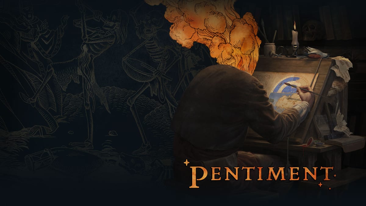 The Key Art for Pentiment with main character Andreas hunched over an easle