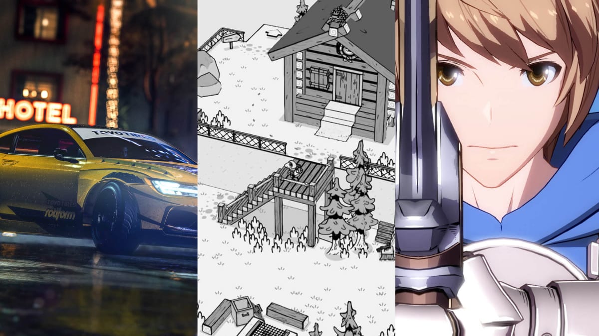 A car from Need for Speed Heat, a hand-drawn scene from Toem, and an anime character from Granblue Fantasy: Versus, meant to represent the PlayStation Plus Essential September 2022 leak