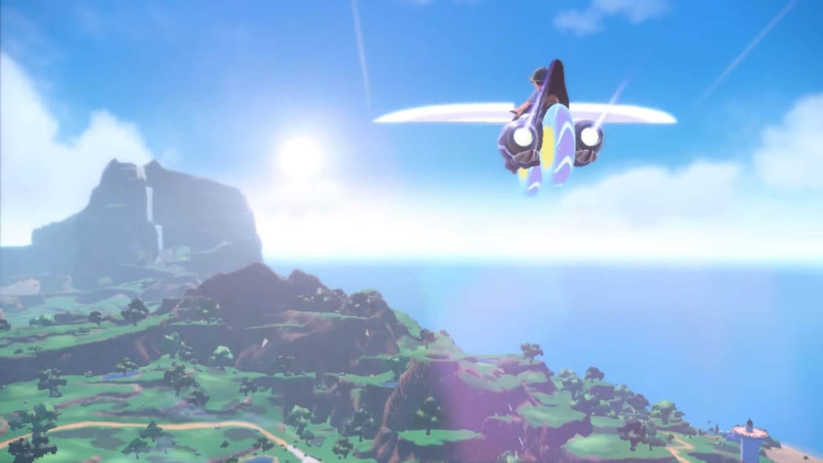 The player riding Miraidon through the skies of Paldea in Pokemon Scarlet and Violet