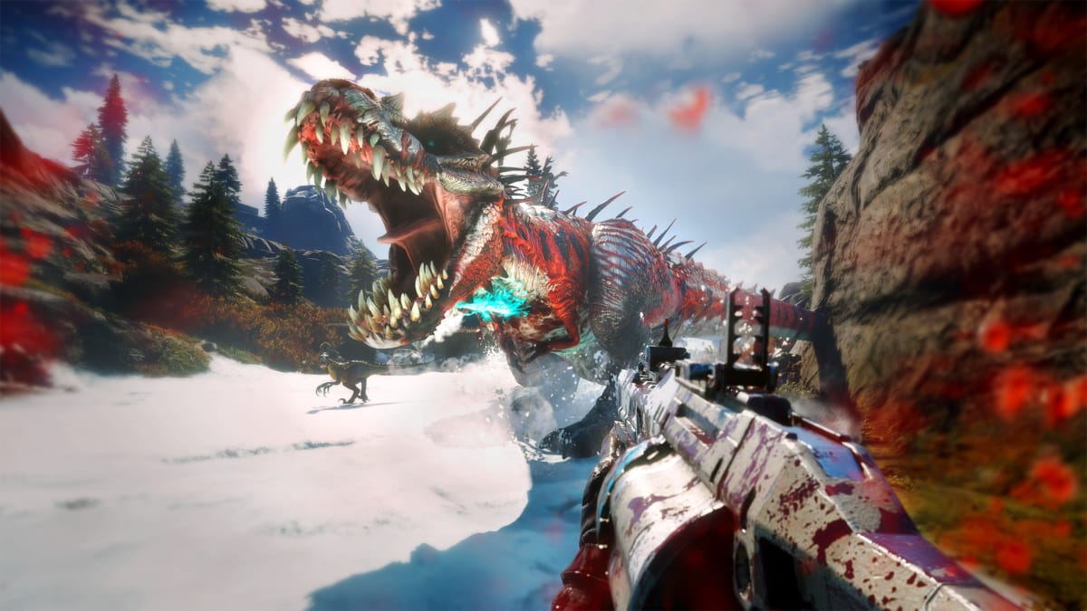 A Second Extinction screenshot showing an angry red T-Rex and a character holding a white gun with blood on it.