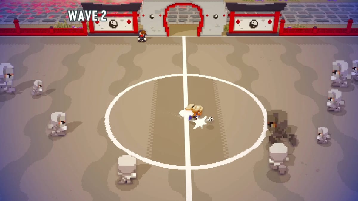The player character playing soccer against a group of ninjas in Soccer Story