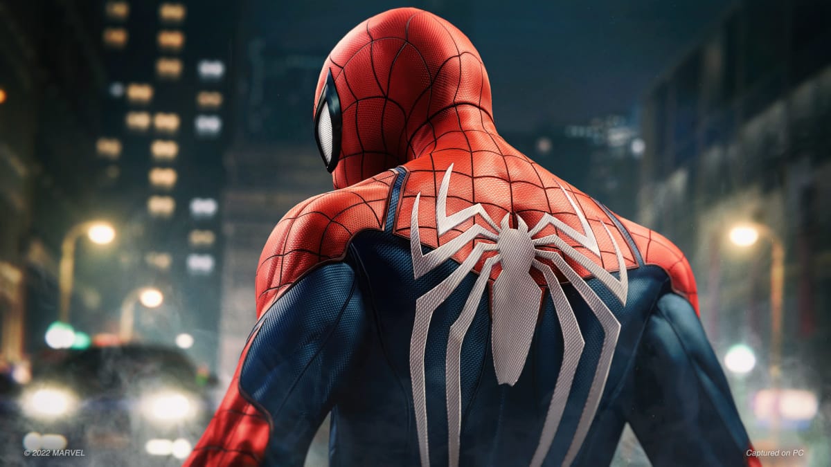 A picture of Spider-Man looking heroic in Marvel's Spider-Man Remastered on PC