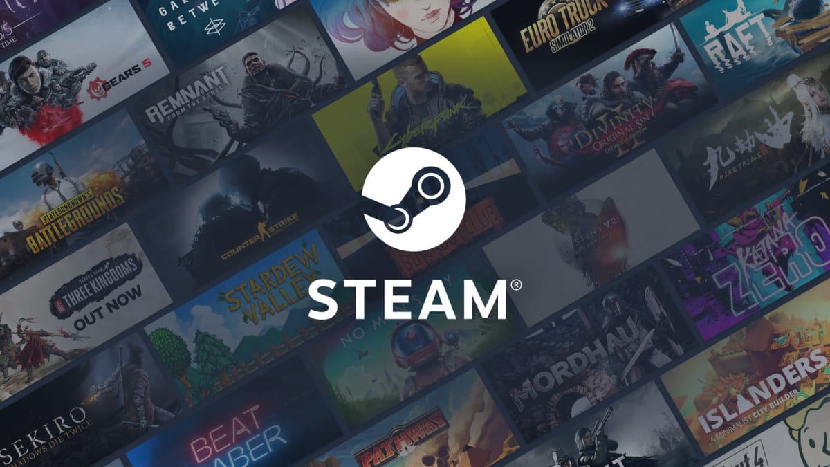 Steam logo displayed against a rolling background of game logos like Stardew Valley and Counter-Strike: Global Offensive.