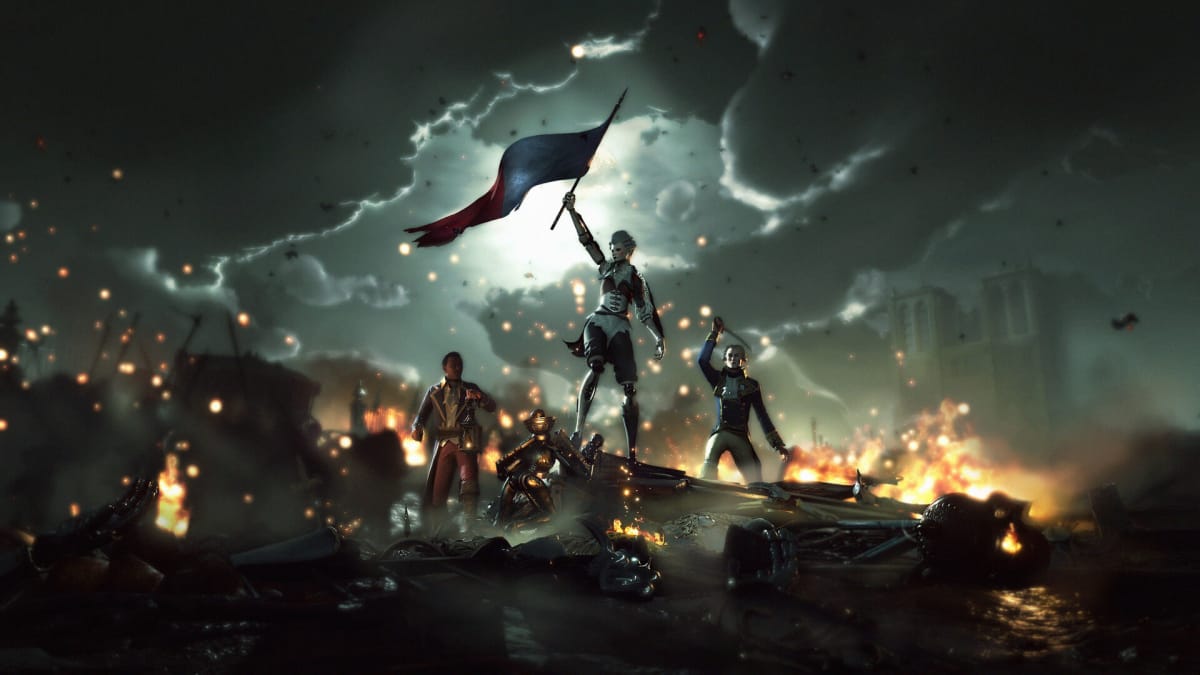 Aegis holding a flag aloft amongst burning ruins while French Revolution figures look on in Steelrising