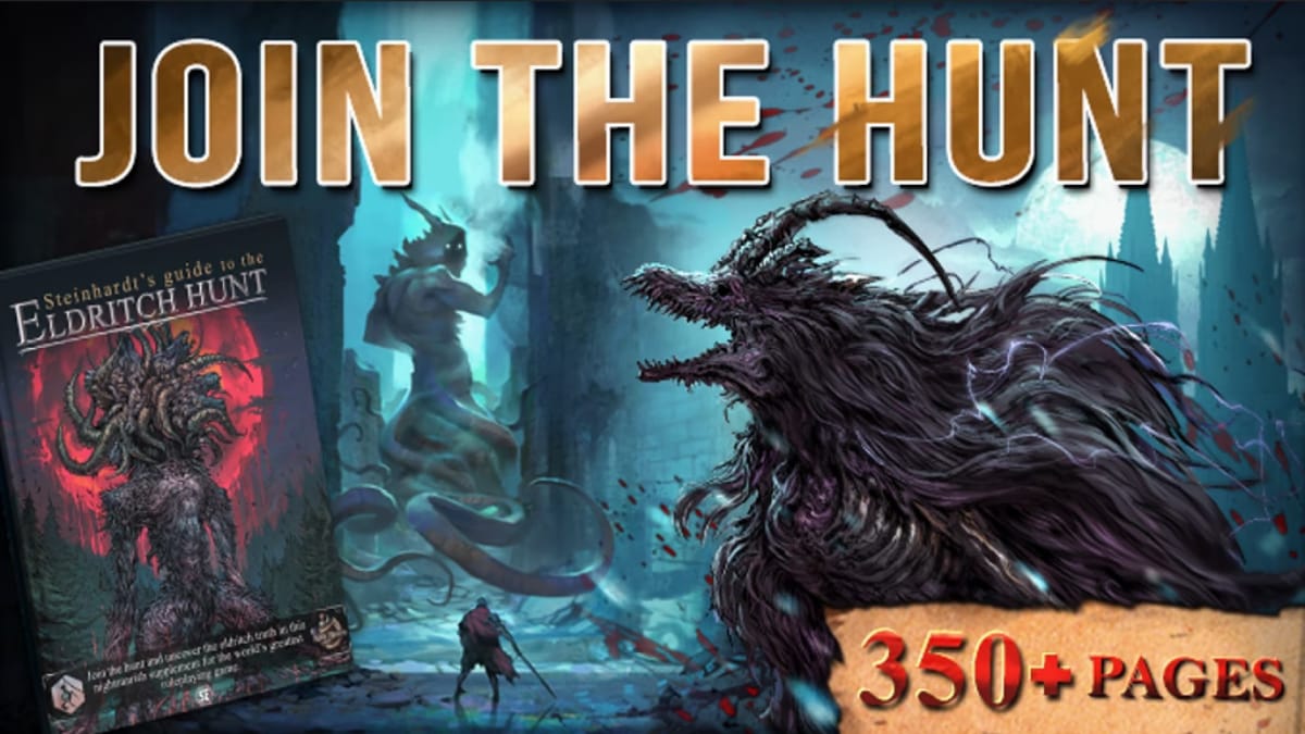 Steinhardt's Guide to the Eldritch Hunt promotional image showing monsters and the book