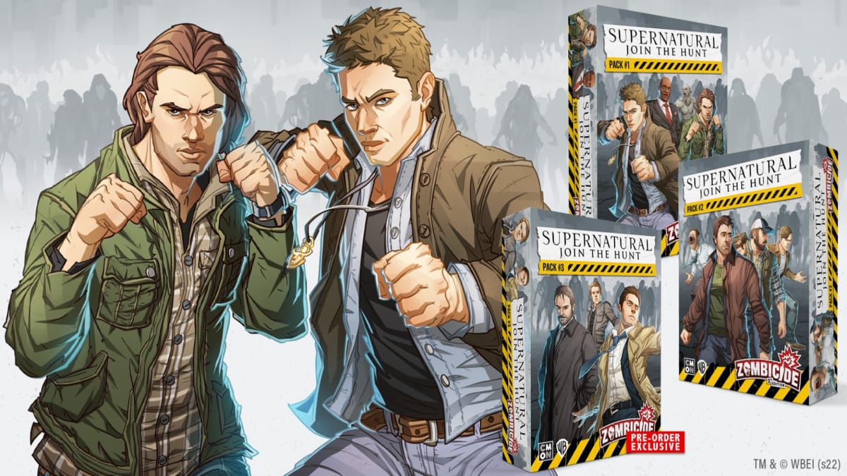 Supernatural Zombicide pack promotional artwork featuring stylized portraits of Sam and Dean Winchester
