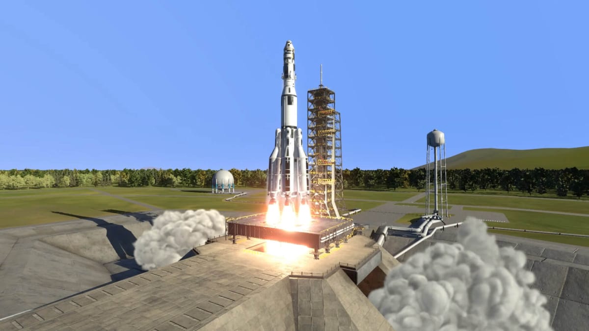 A rocket taking off in the Take-Two Interactive game Kerbal Space Program 2