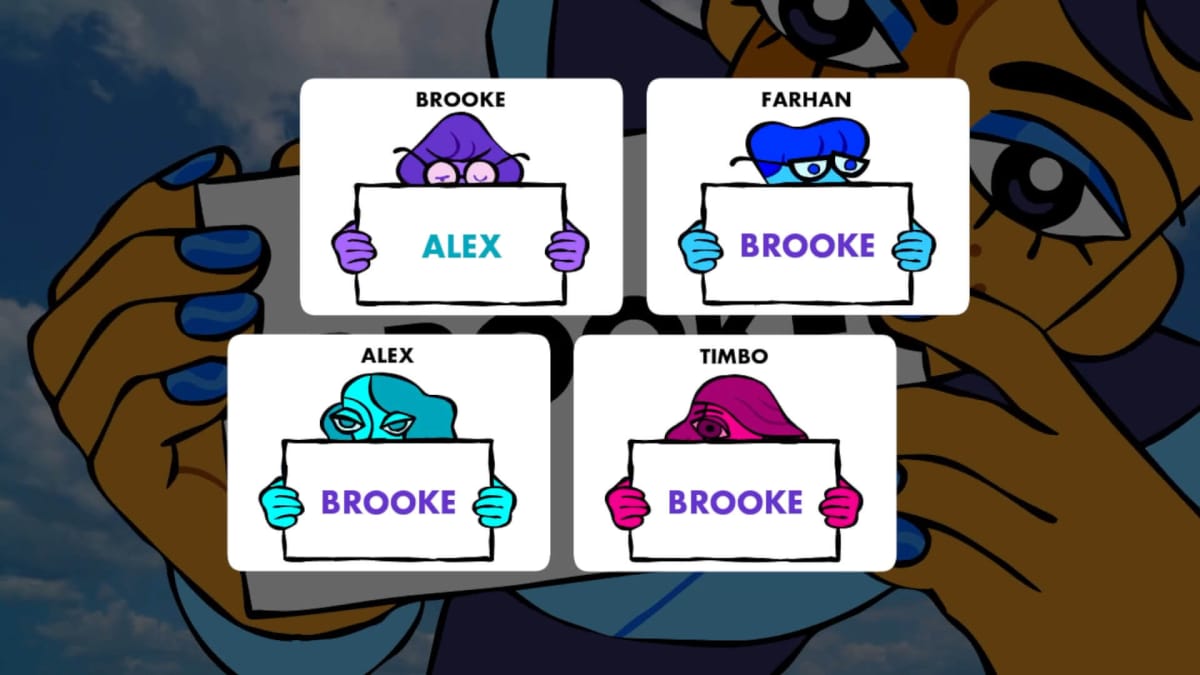 One of the irreverent games in The Jackbox Party Pack 9, in which players hold up cards with other players' names on