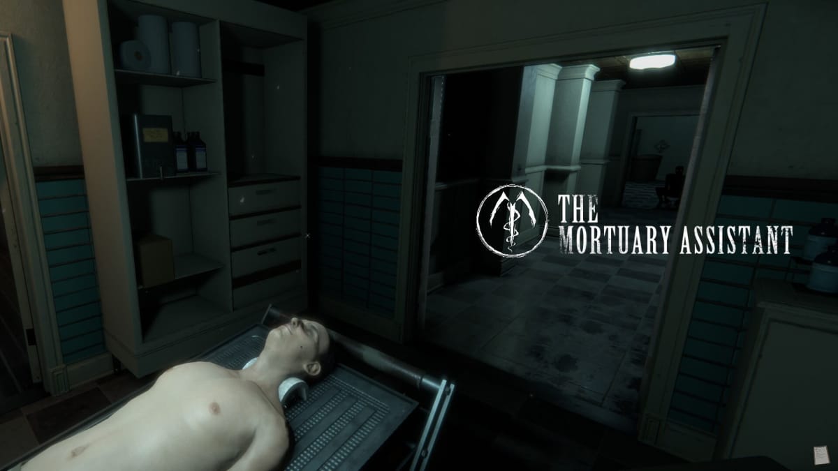 A cadaver lies on the embalming table with the logo and text for The Mortuary Assistant to the right of it. Just above the text is a black figure with red eyes, looking at the camera from down the hallway.