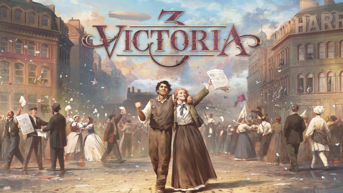 Victoria 3 key art includes a cheering crowd and a celebrating couple.