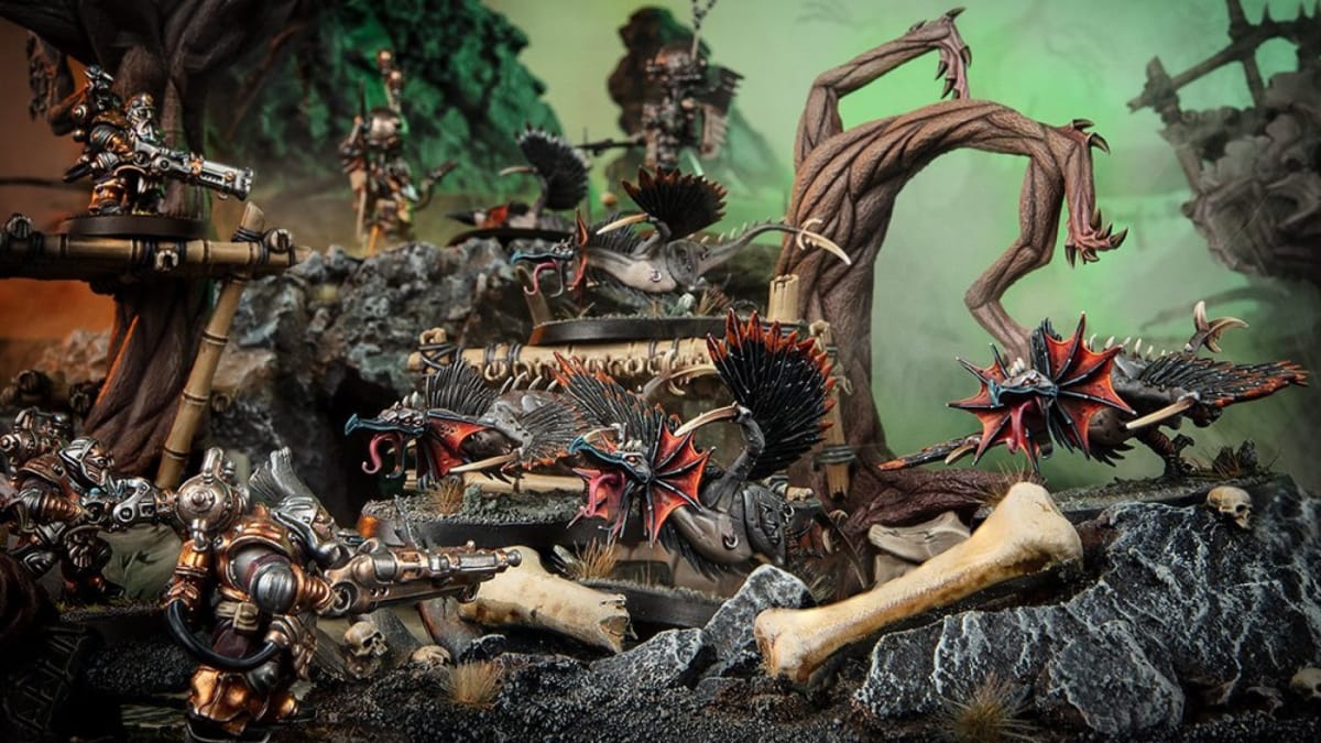 Two armies from Age of Sigmar fighting in a gnarled forest