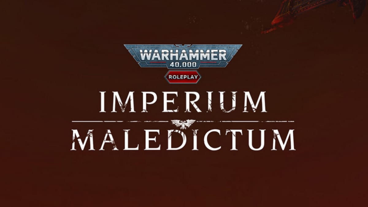 The title of Warhammer 40k: Imperium Maledictus on a dark red background