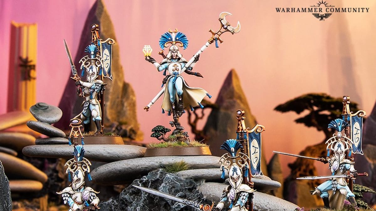 Warhammer Arcane Cataclysm, the Scinari Enlightener leads a group of warriors