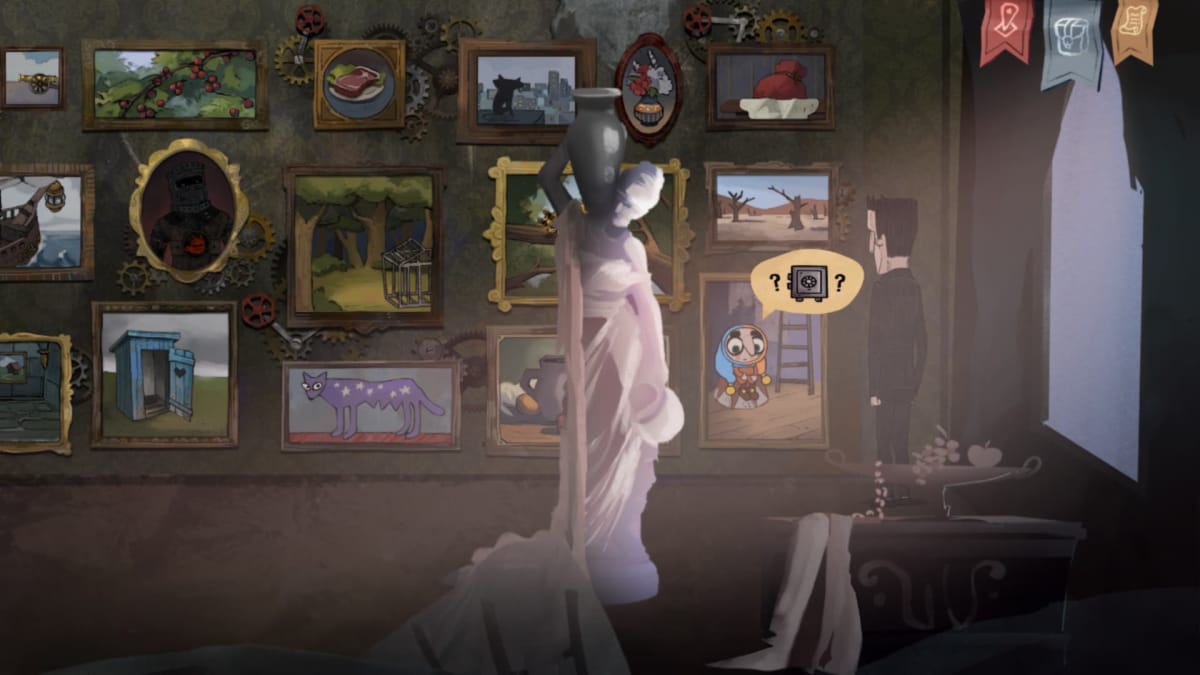 Whateverland Release Date, screenshot of gameplay with character standing in a dark room filled with pictures in frames