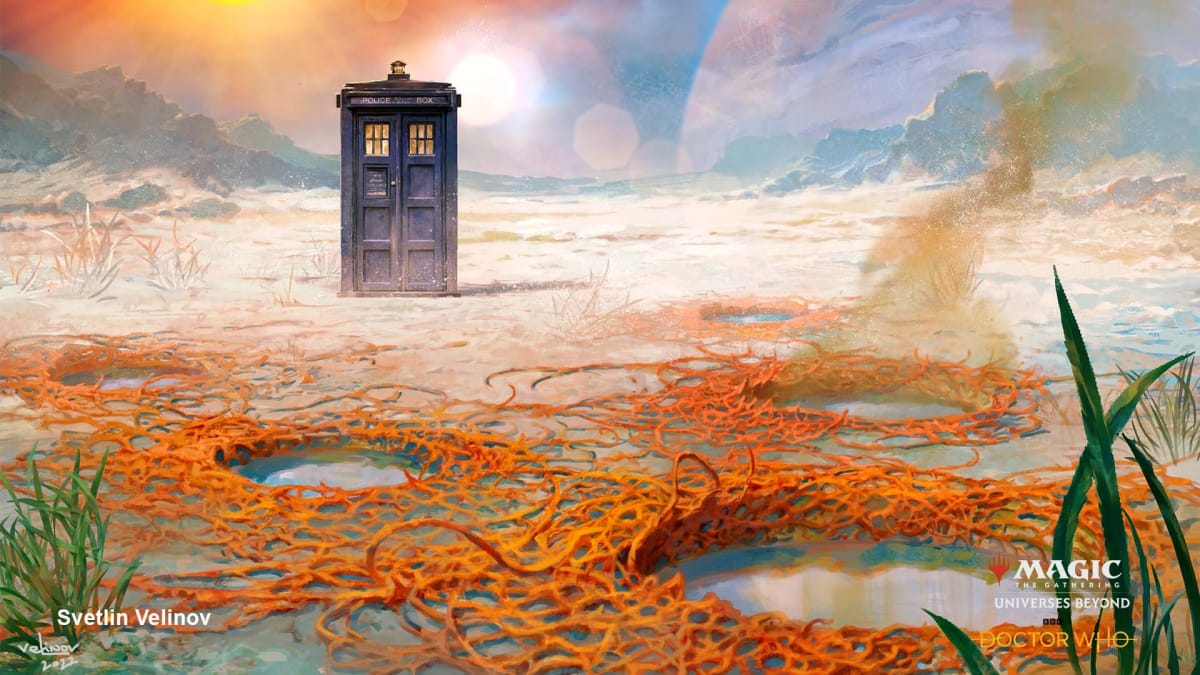 Artwork of the Tardis for the Universes Beyond Doctor Who Magic the Gathering set
