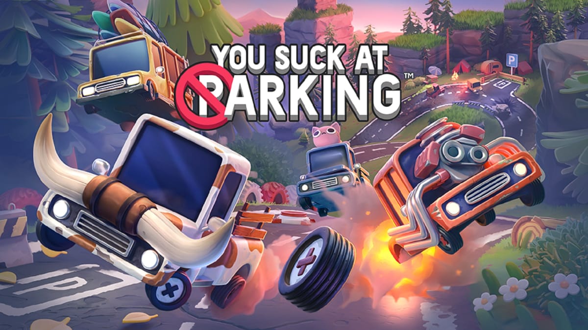 You Suck at Parking key art showing off four different cars driving out of control down a road.