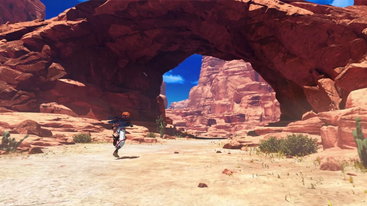 Screenshot from upcoming game, Armed Fantasia, where we see a main character running through the desert underneath a large orangeish rock formation